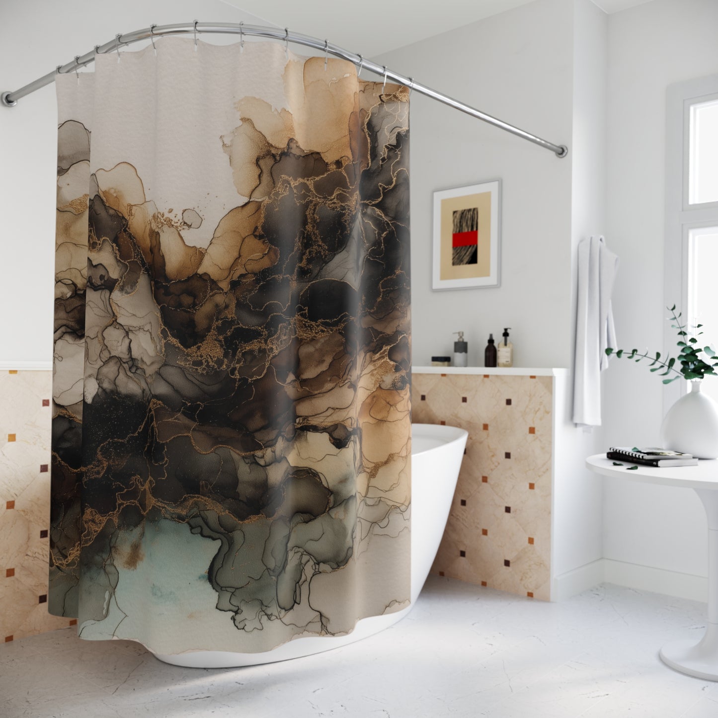Abstract Earth Tone Watercolor, Shower Curtain — Ink Marble Bathroom Decor