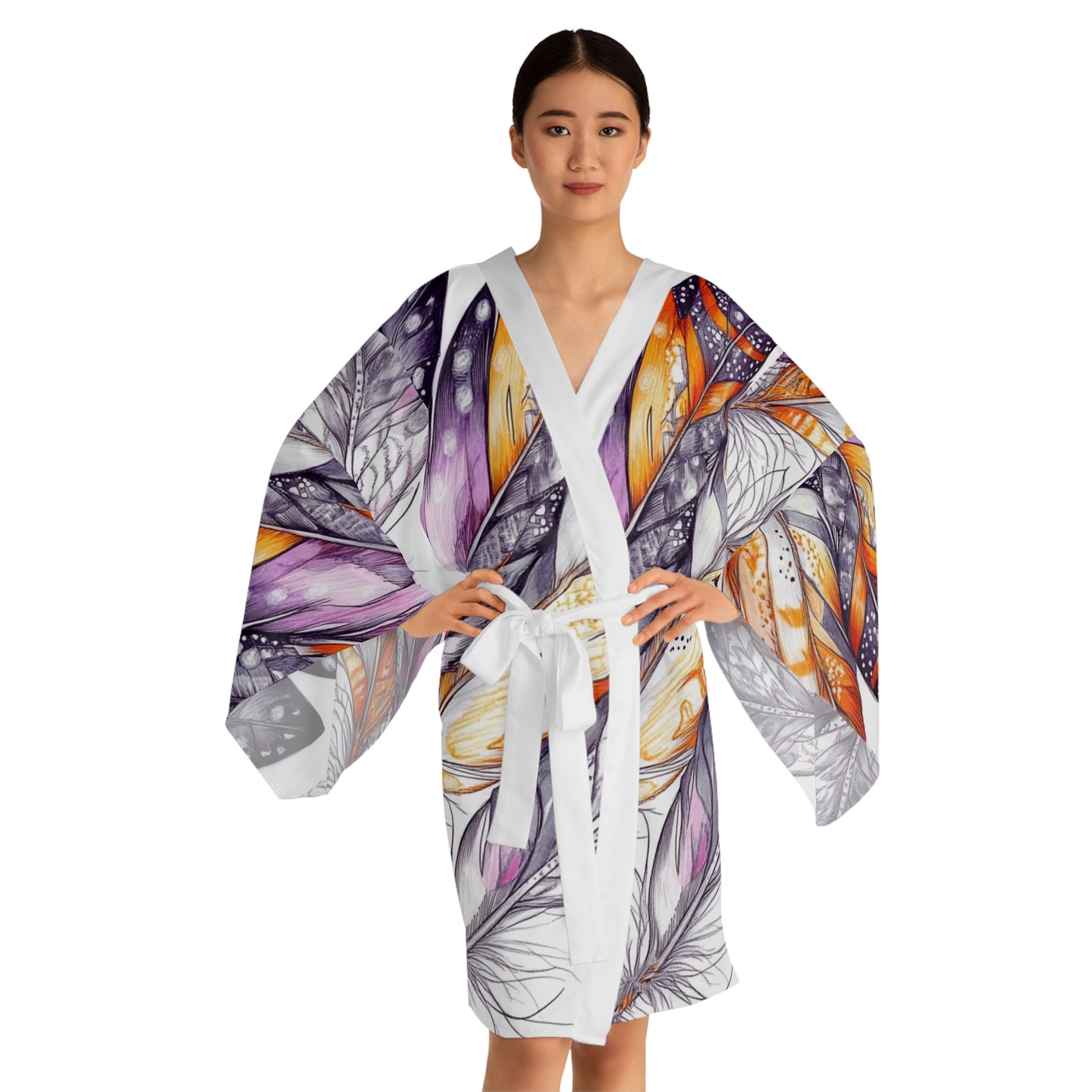 White Feathers, Long Sleeve Kimono Robe (AOP)