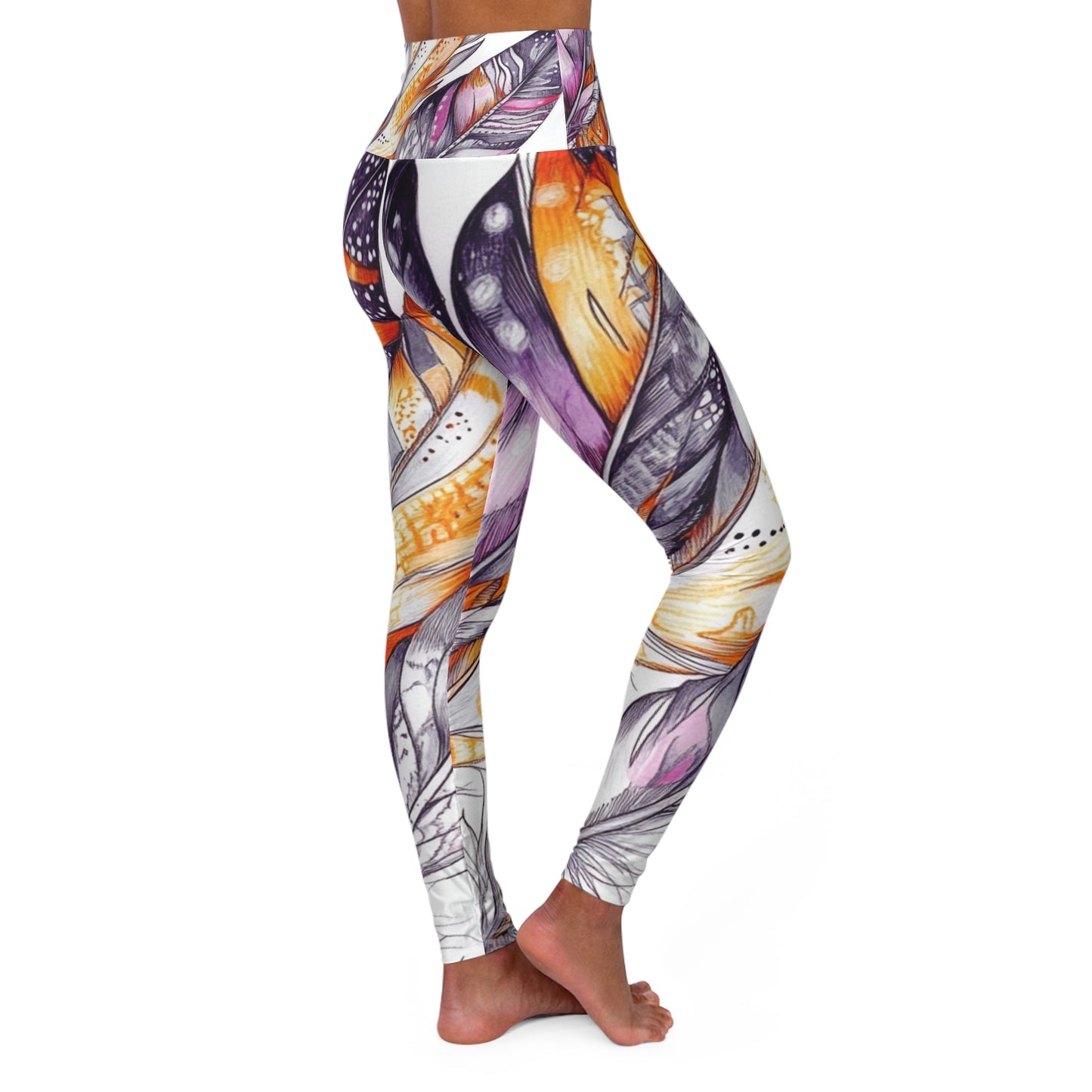 White Feathers, High Waisted Yoga Leggings (AOP)