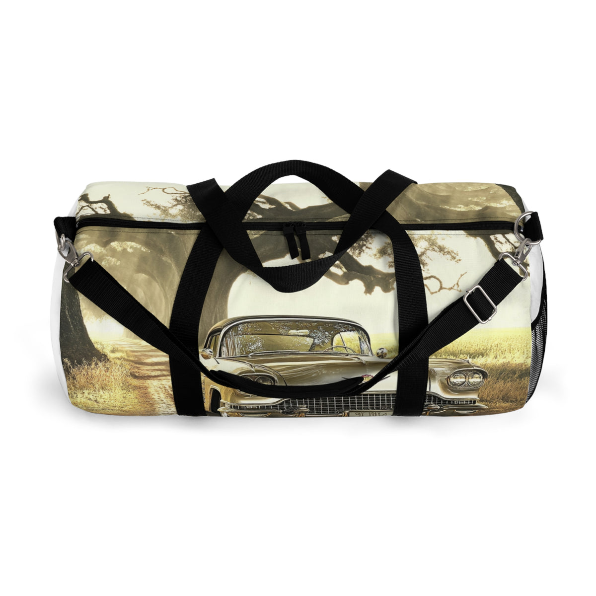 Vintage Golden Cadillac Car Duffel Bag — Retro Roadtrip Travel Gear