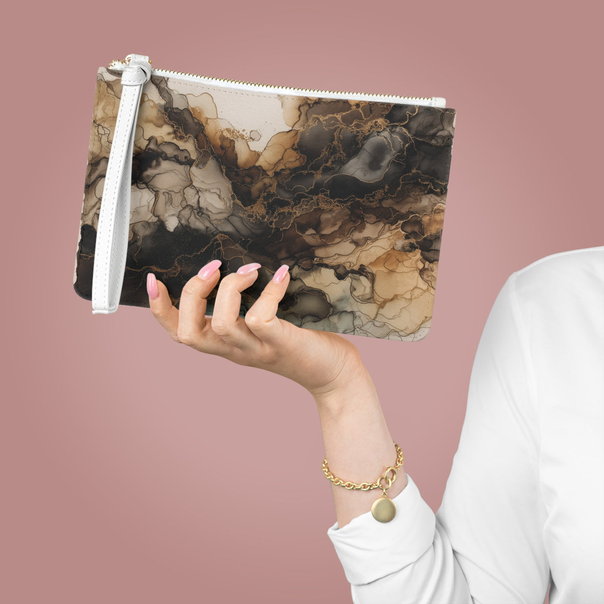 Earth Toned Watercolor, Abstract Brown Marble Clutch Bag — Smoky Ink Swirl Wristlet