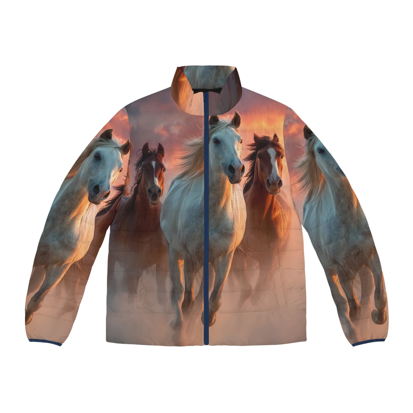 Running on Sunlight, Horses All-Over Print Puffer Jacket — Men’s Sunset Equestrian Coat