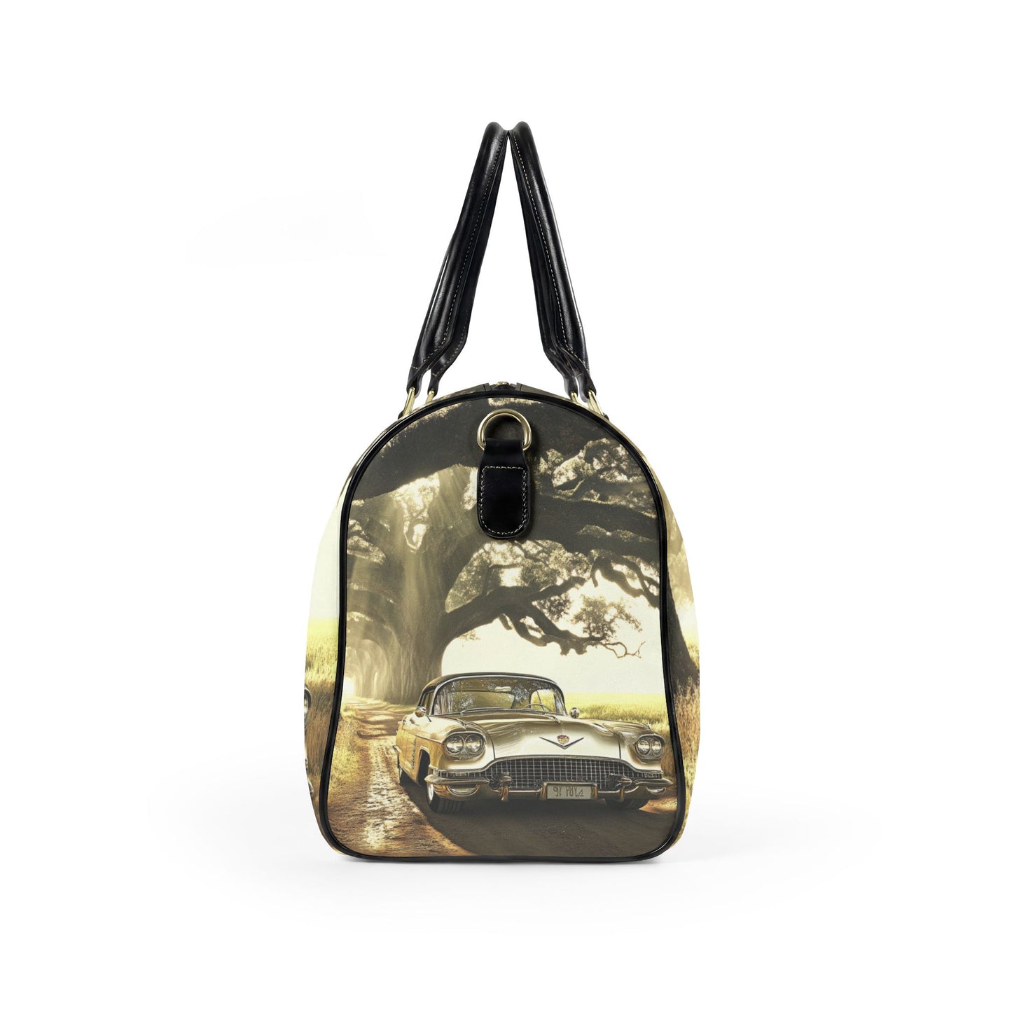 Vintage Golden Cadillac Travel Bag — Retro Car Leather Weekender