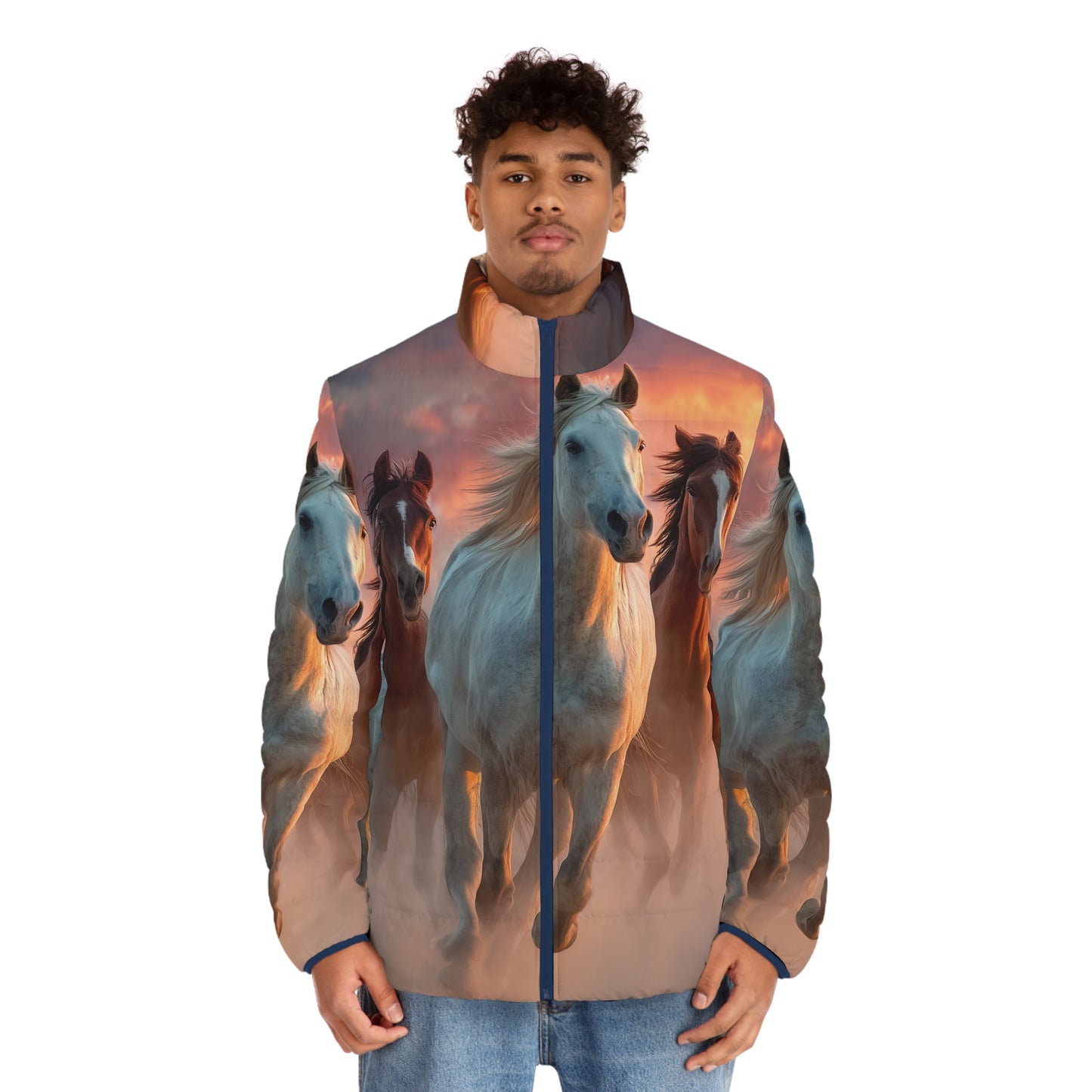Running on Sunlight, Horses All-Over Print Puffer Jacket — Men’s Sunset Equestrian Coat