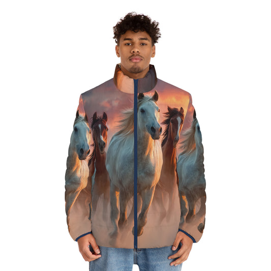 Running on Sunlight, Horses All-Over Print Puffer Jacket — Men’s Sunset Equestrian Coat