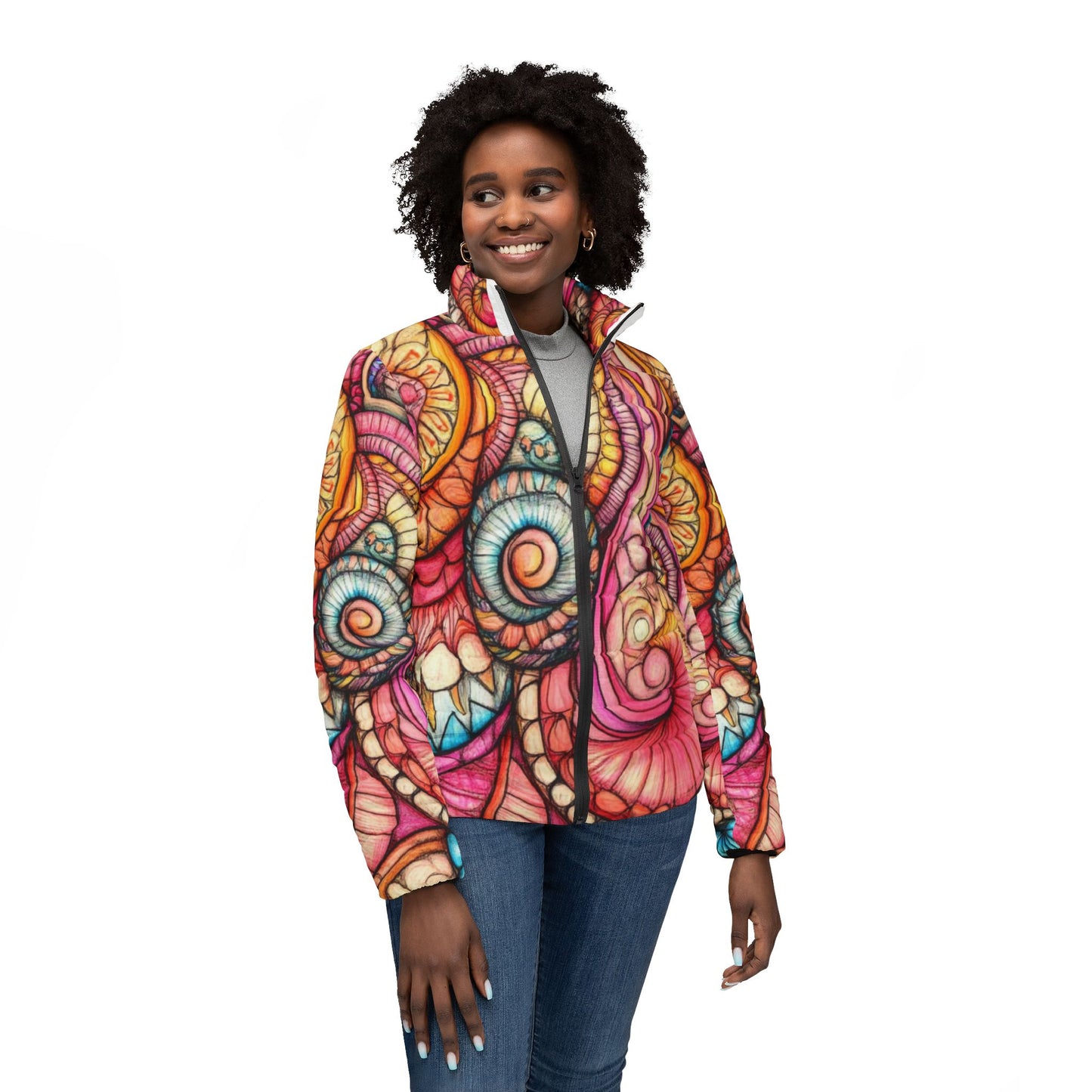 Abstract Seashell, Women’s Puffer Jacket (AOP)