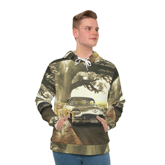 Classic Car Hoodie — Vintage Golden Cadillac Road Scene All-Over Print