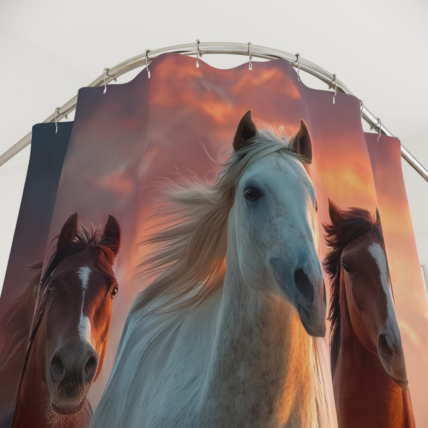 Running On Sunlight, Shower Curtain — Dramatic Sunset Stallion Bathroom Decor