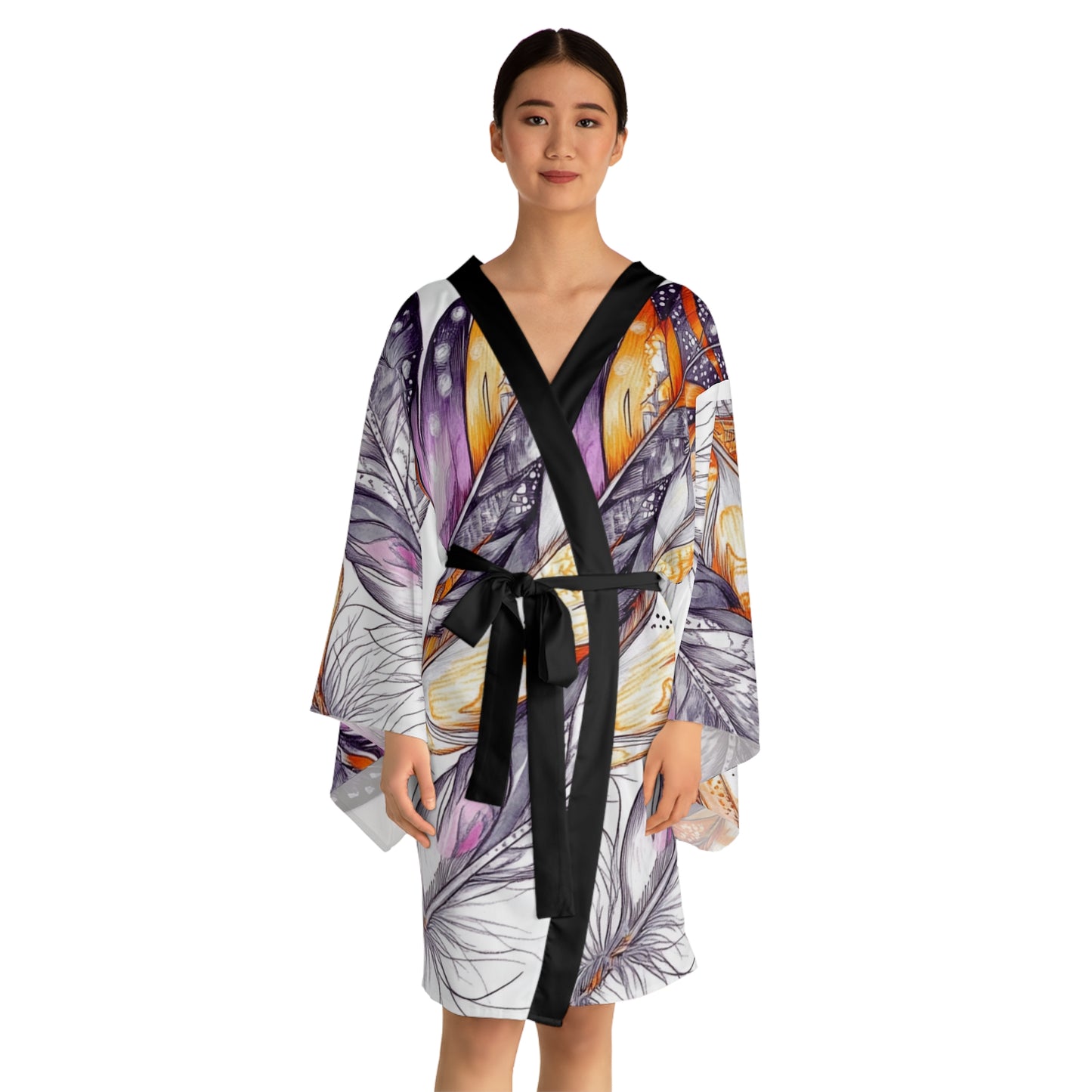 White Feathers, Long Sleeve Kimono Robe (AOP)