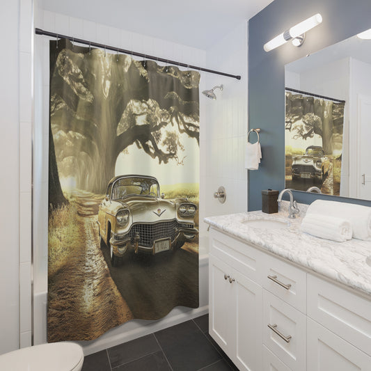 Classic Golden Cadillac Retro Car Shower Curtain — Vintage Roadscape Bathroom Decor