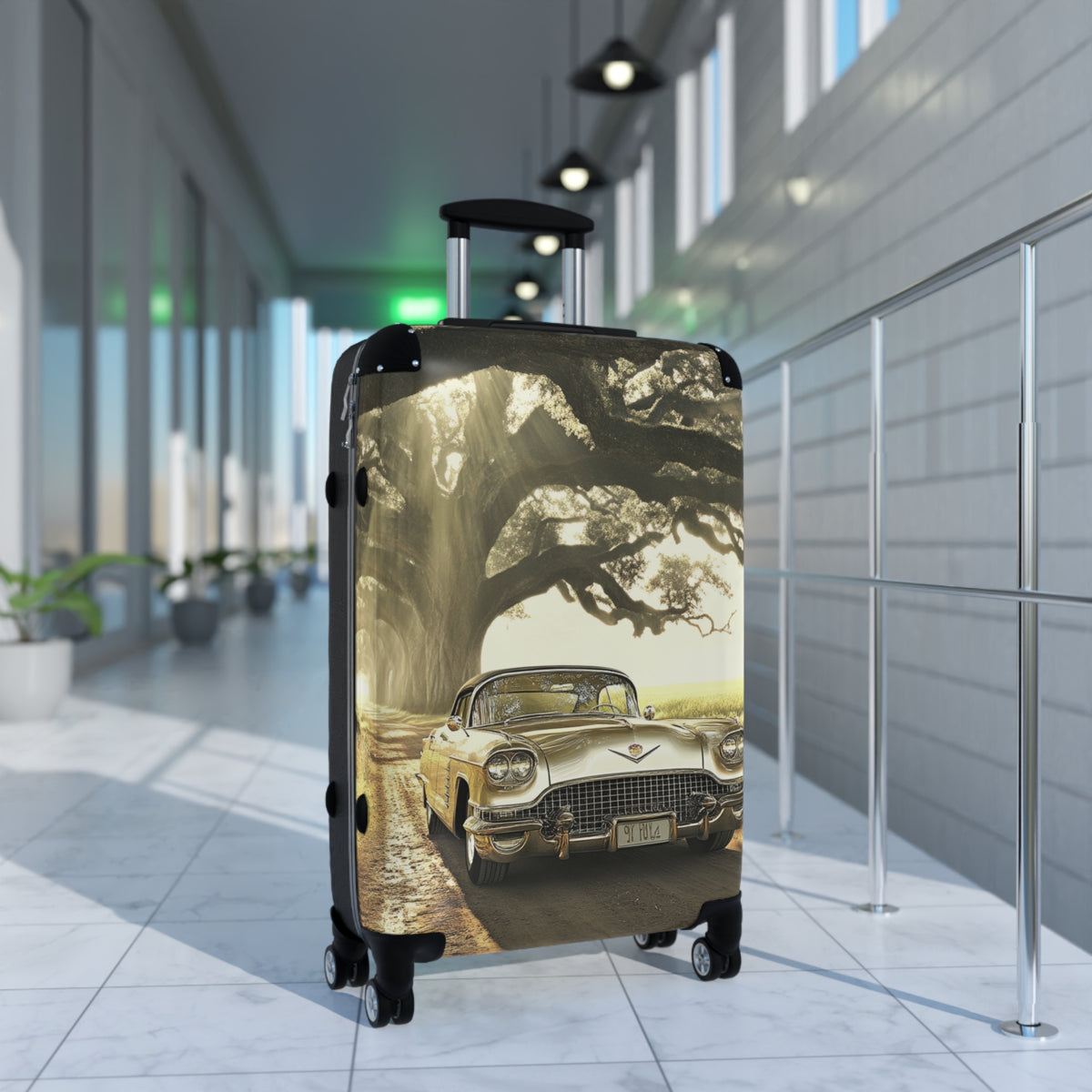 Vintage Golden Cadillac= Unique Easy Identify Travel Suitcase -Roundtrip Carry-On Suitcase — Classic Retro Car Travel Luggage