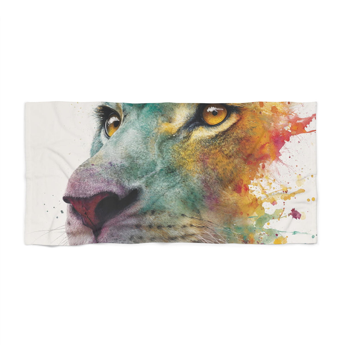 Soul of a Lion, Lion Portrait Beach Towel — Colorful Watercolor Safari Print