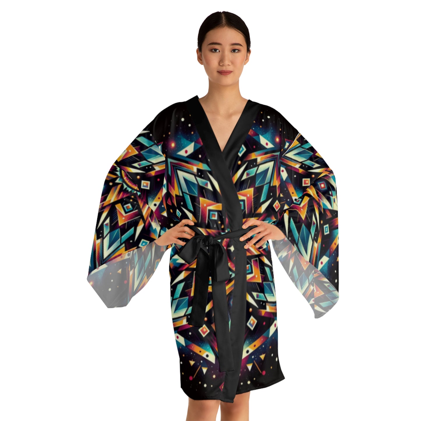 Geometric Tribal, Long Sleeve Kimono Robe (AOP)