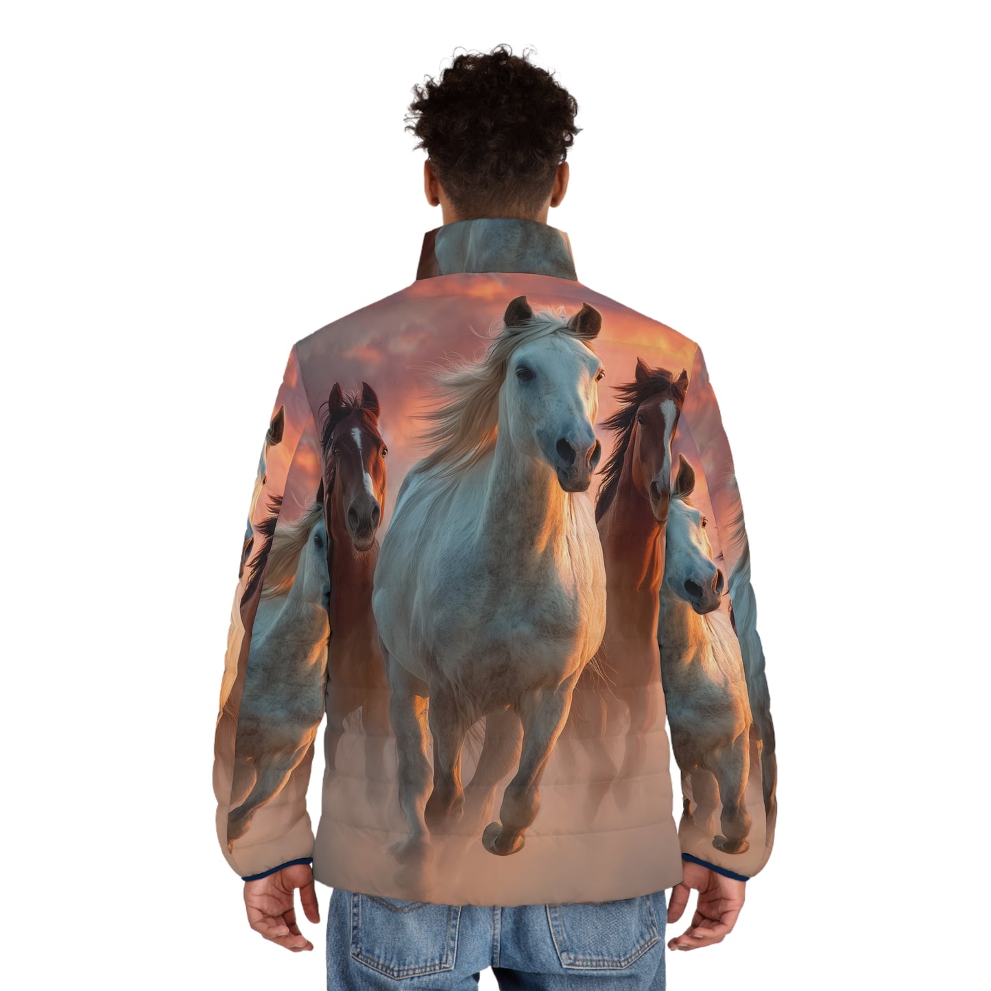 Running on Sunlight, Horses All-Over Print Puffer Jacket — Men’s Sunset Equestrian Coat