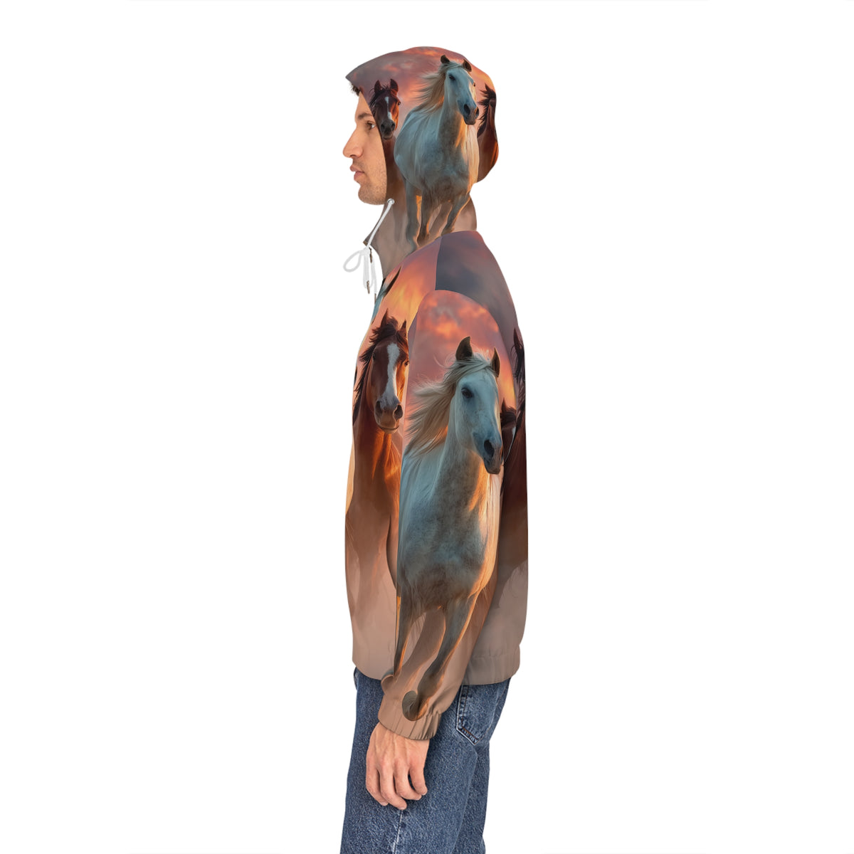 Running in Sunlight, Horse Run Full-Zip Hoodie — Majestic Wild Stallions All-Over Print