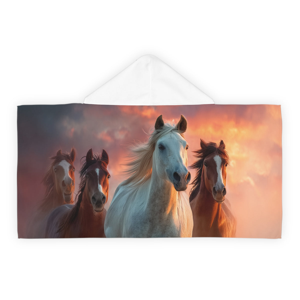 Running on Sunlight, Youth Hooded Towel — Majestic Running Horses Sunset Print
