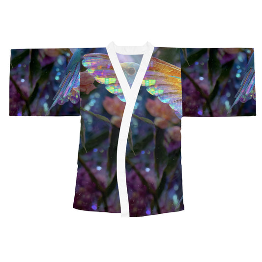 Iridescent Hummingbird, Long Sleeve Kimono Robe - Ethereal Floral Design