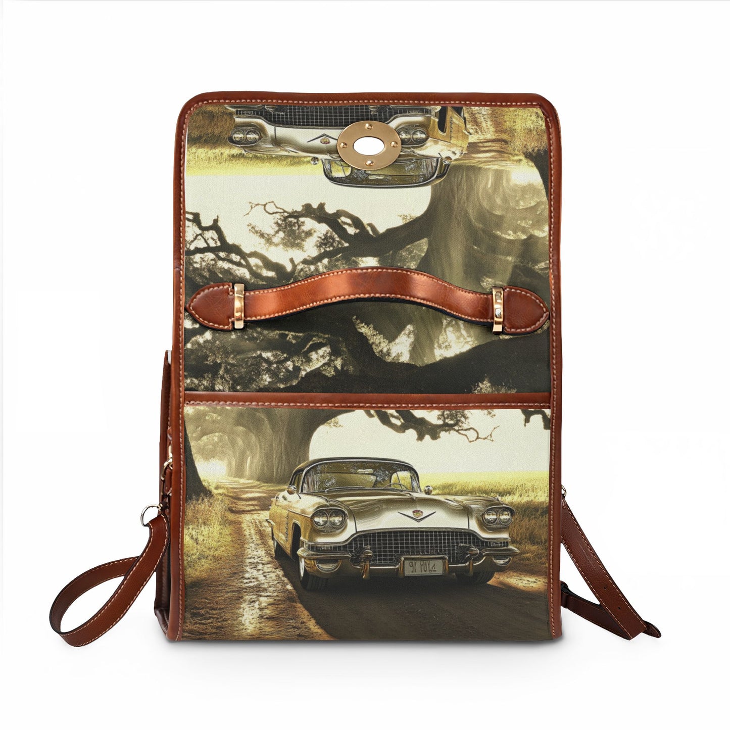 Vintage Roadside Canvas Bag — Classic Car Print Waterproof Tote