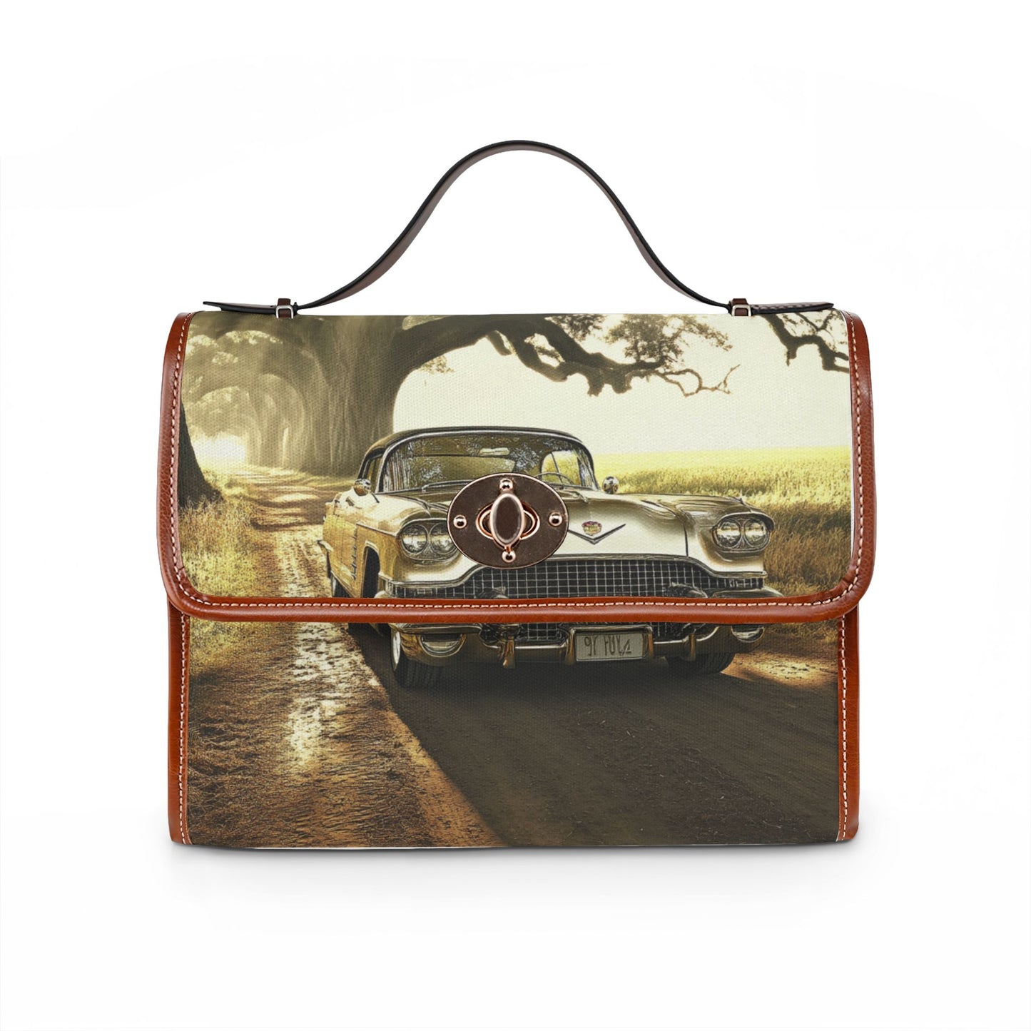 Vintage Roadside Canvas Bag — Classic Car Print Waterproof Tote