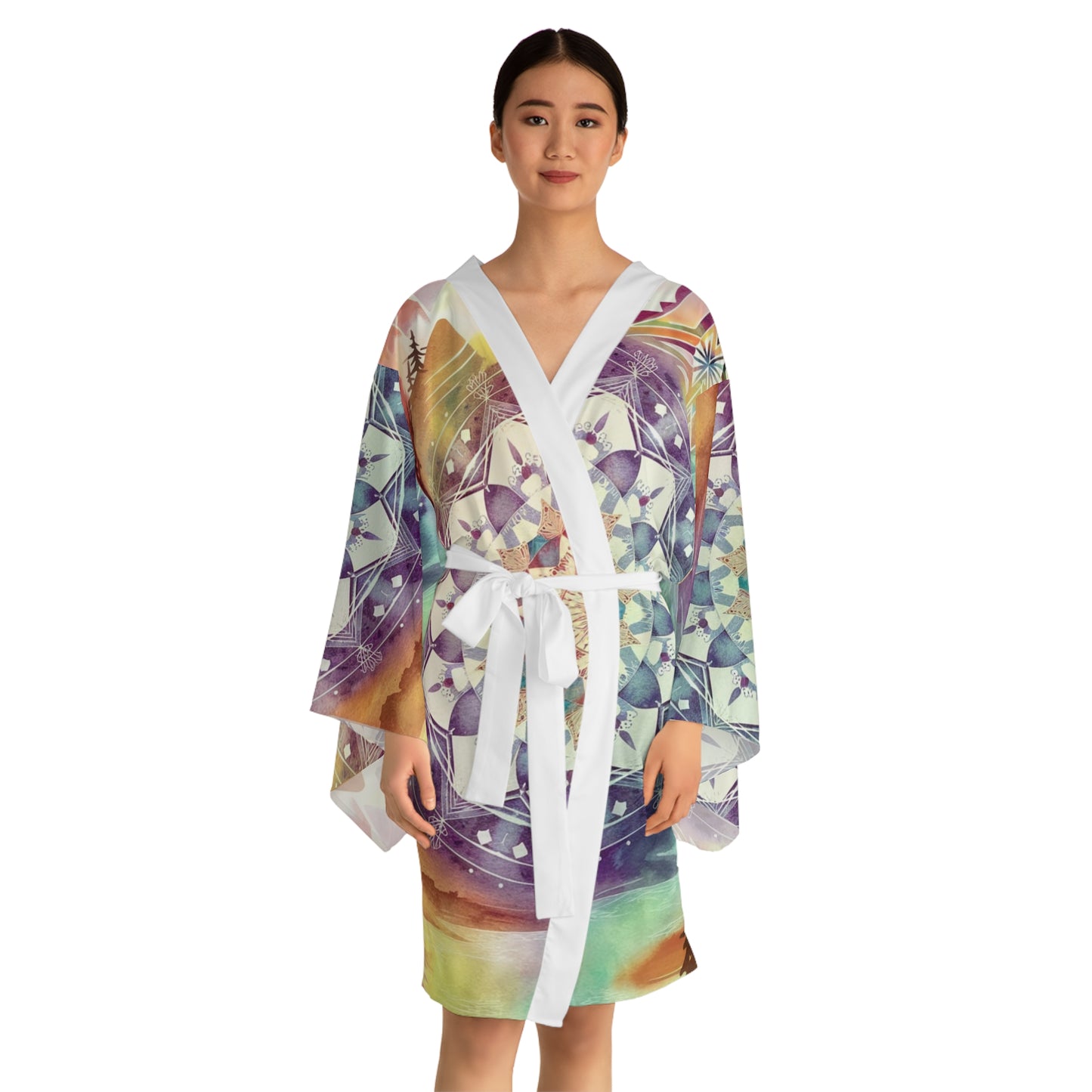 Geometric Pastel Rainbow, Long Sleeve Kimono Robe (AOP)