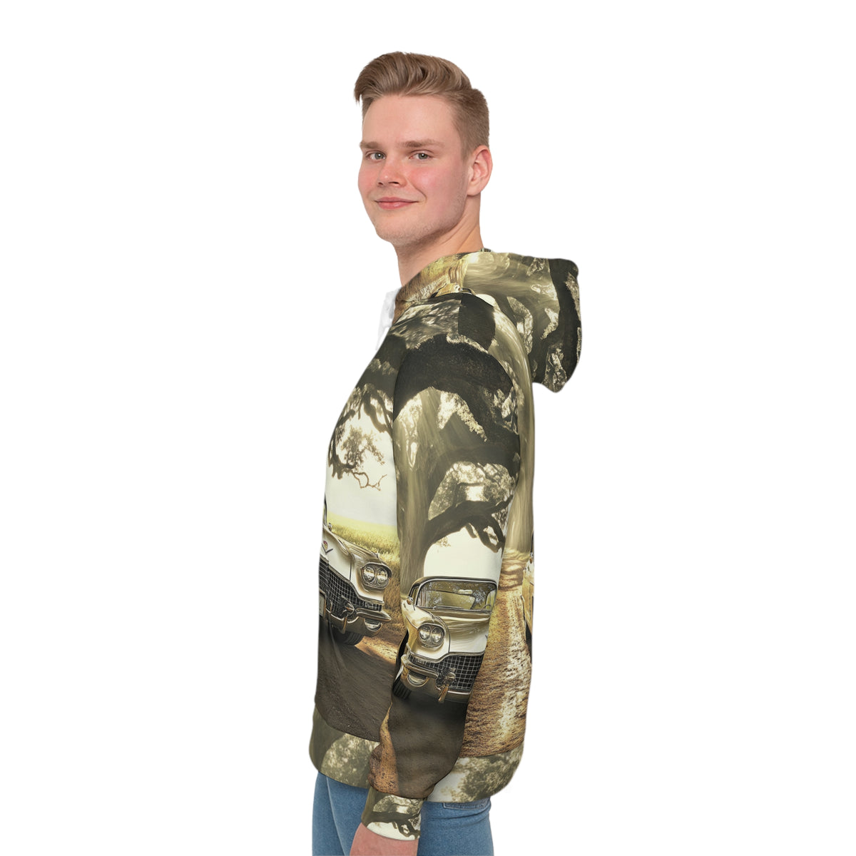 Classic Car Hoodie — Vintage Golden Cadillac Road Scene All-Over Print
