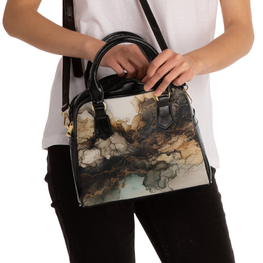 Earth Toned Watercolor, Abstract Ink Cloud Shoulder Handbag — Marble Smoke Print Satchel