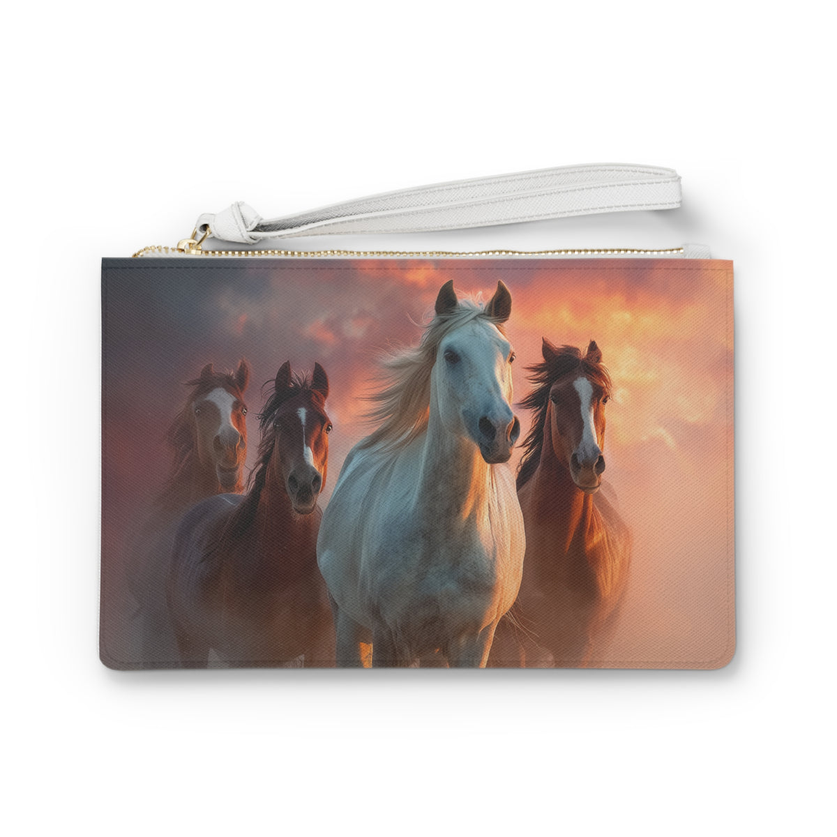 Running on Sunlight, Horse Herd Sunset Clutch Bag — Elegant Running Horses Wristlet for Equestrian Fans