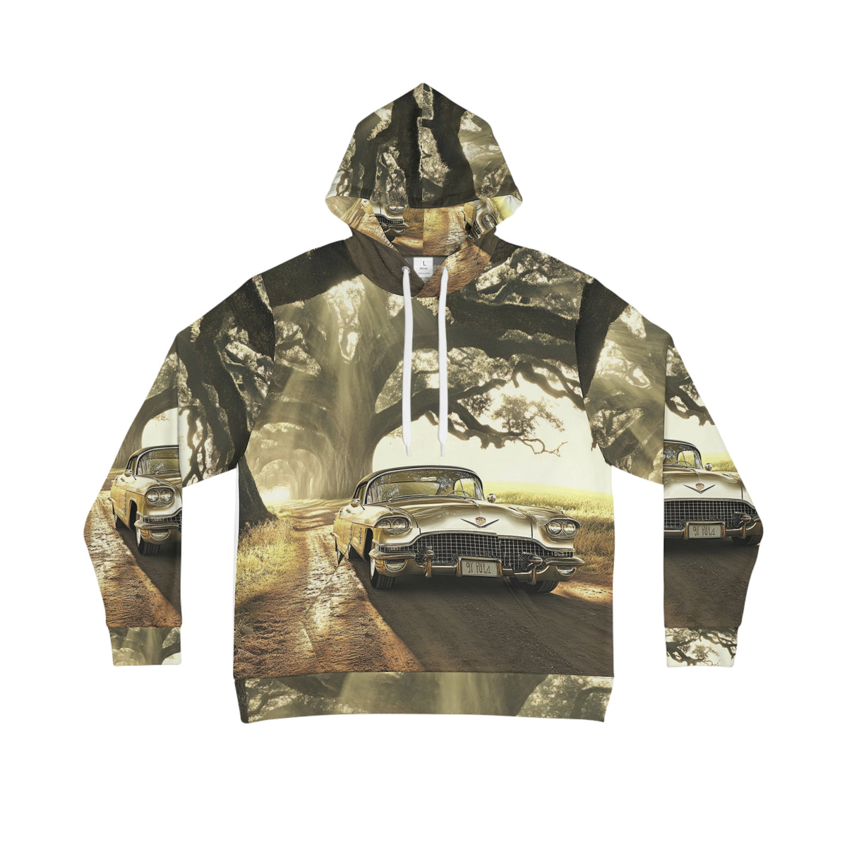 Classic Car Hoodie — Vintage Golden Cadillac Road Scene All-Over Print