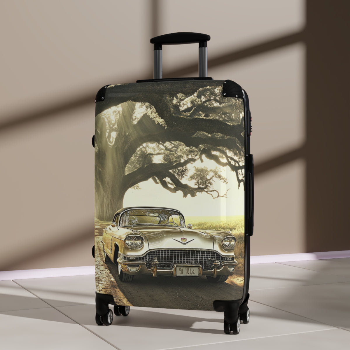Vintage Golden Cadillac= Unique Easy Identify Travel Suitcase -Roundtrip Carry-On Suitcase — Classic Retro Car Travel Luggage