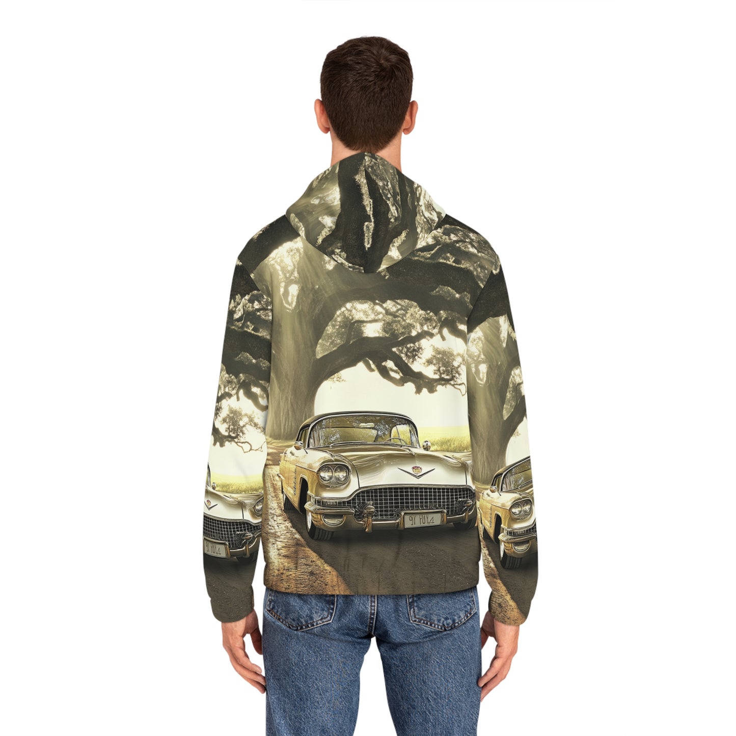 Vintage Golden Cadillac Full-Zip Hoodie — Retro Car Nostalgia Print