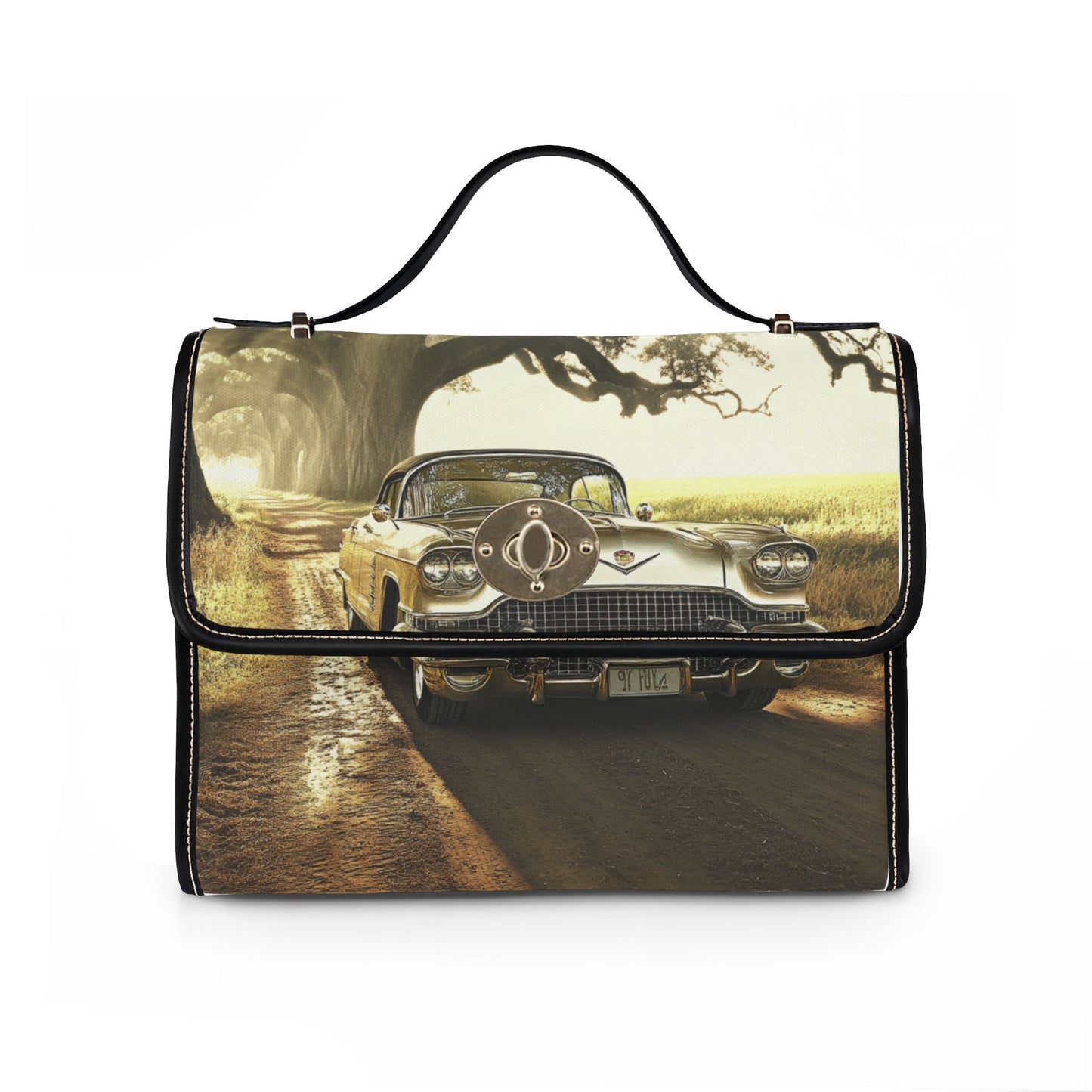 Vintage Roadside Canvas Bag — Classic Car Print Waterproof Tote
