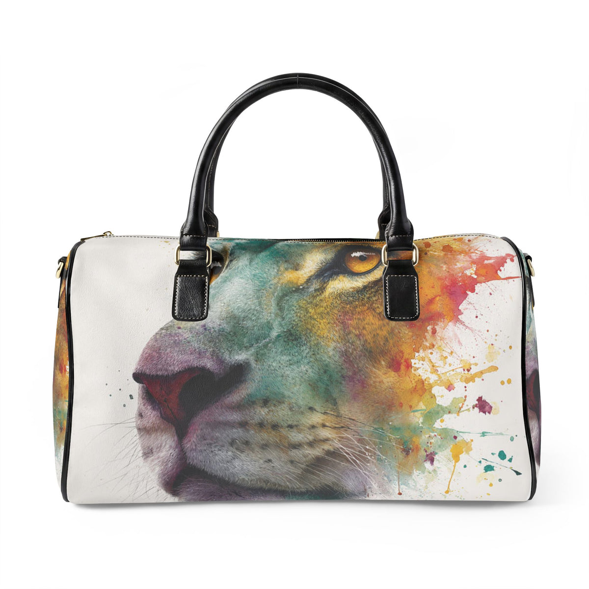 Soul of a Lion, Watercolor Lion Leather Travel Bag — Artistic Weekend Duffel
