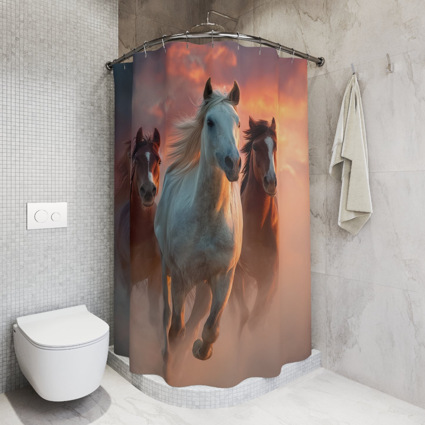 Running On Sunlight, Shower Curtain — Dramatic Sunset Stallion Bathroom Decor
