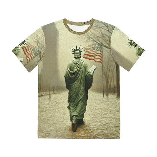 Liberty’s Exit: The Final Scroll, Liberty Walk Tee — Patriotic Statue of Liberty Graphic Shirt