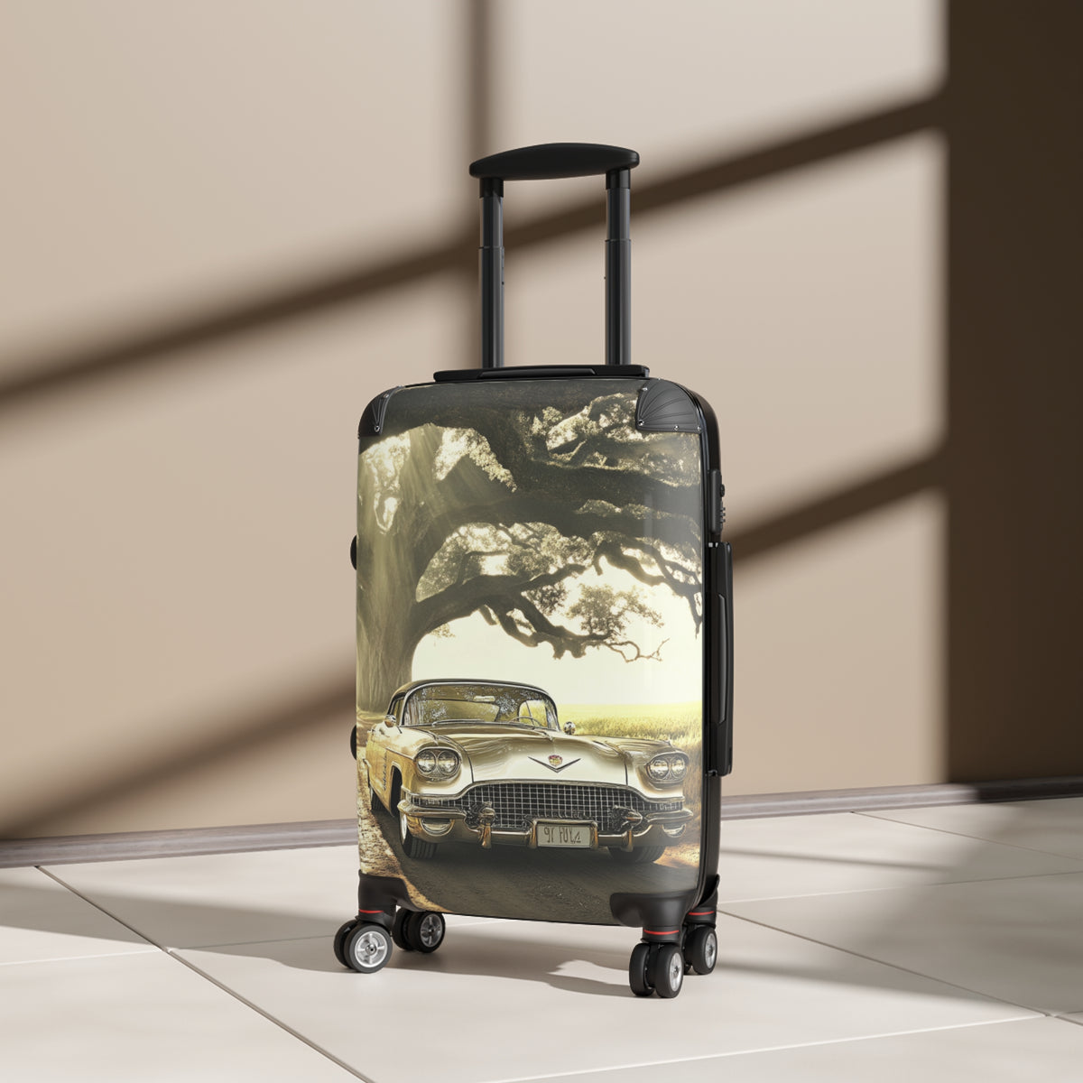Vintage Golden Cadillac= Unique Easy Identify Travel Suitcase -Roundtrip Carry-On Suitcase — Classic Retro Car Travel Luggage