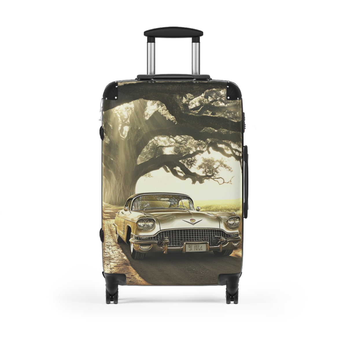 Vintage Golden Cadillac= Unique Easy Identify Travel Suitcase -Roundtrip Carry-On Suitcase — Classic Retro Car Travel Luggage