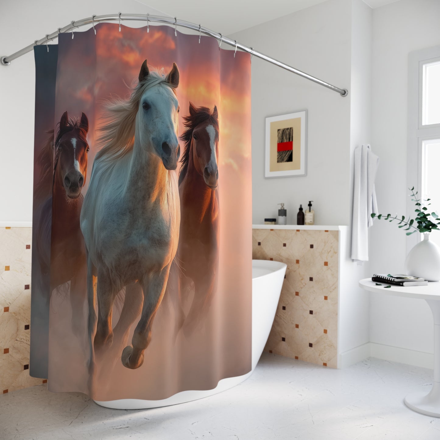 Running On Sunlight, Shower Curtain — Dramatic Sunset Stallion Bathroom Decor