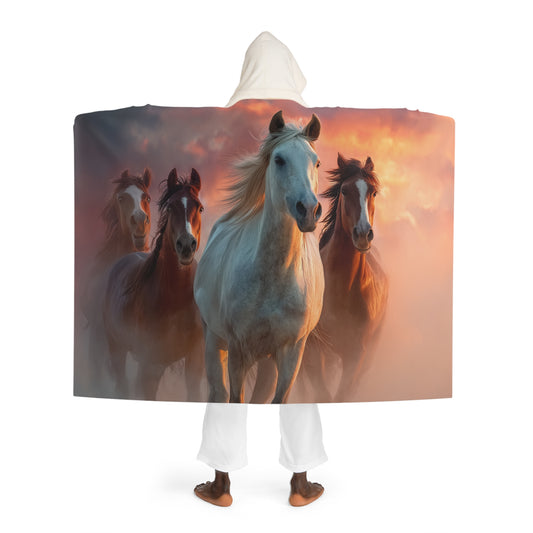 Running on Sunlight, Hooded Sherpa Blanket — Sunset Horse Print Cozy Fleece with Hood