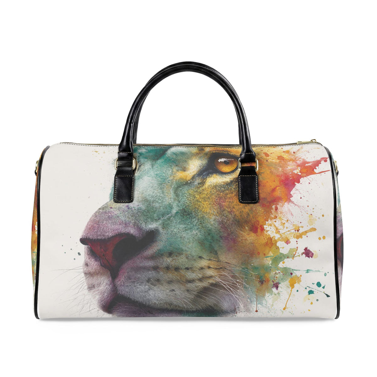 Soul of a Lion, Watercolor Lion Leather Travel Bag — Artistic Weekend Duffel