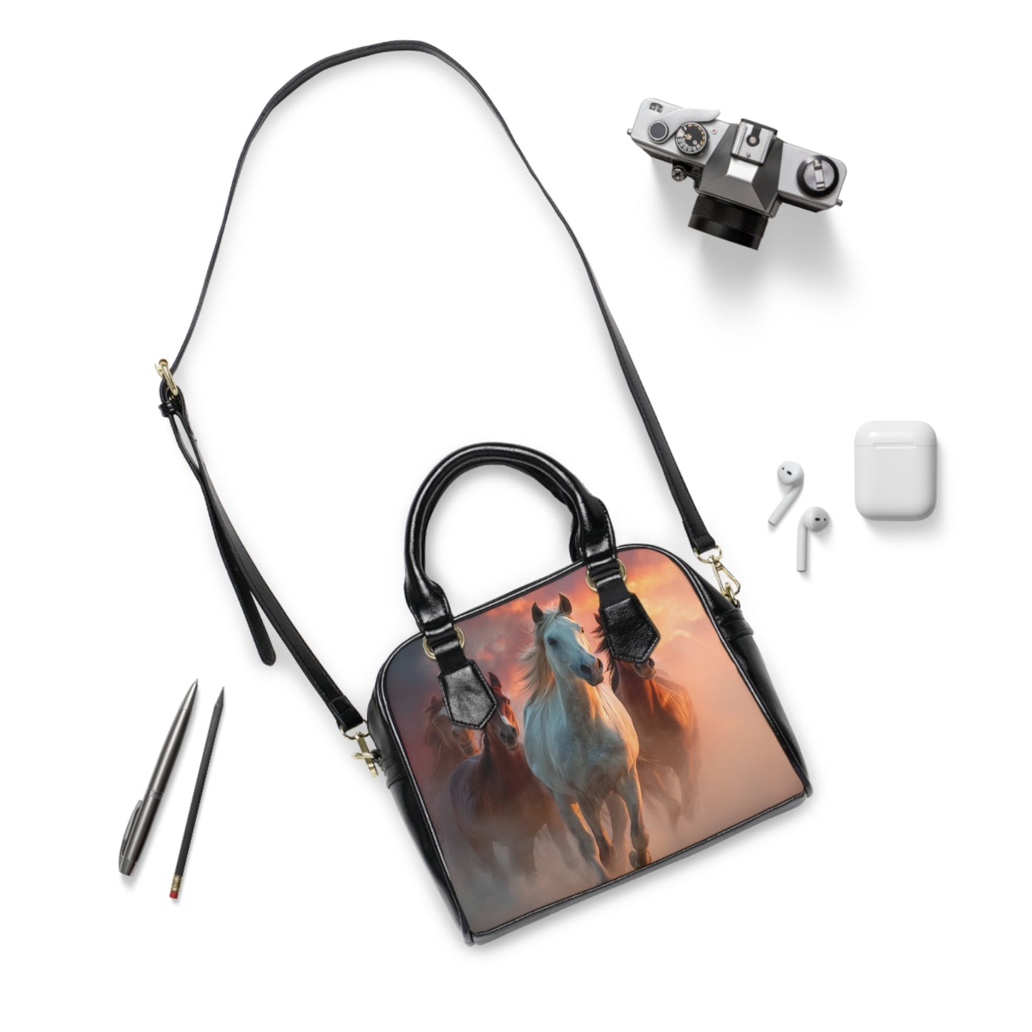 Running on Sunlight, Horse Print Shoulder Handbag — Running Horses Sunset Artwork Purse