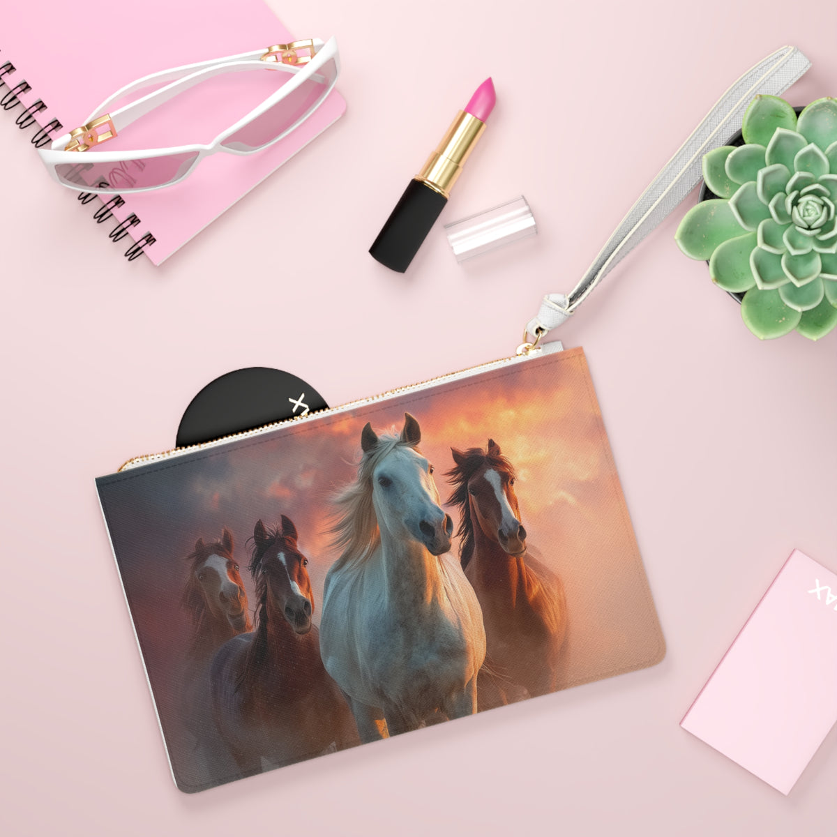 Running on Sunlight, Horse Herd Sunset Clutch Bag — Elegant Running Horses Wristlet for Equestrian Fans