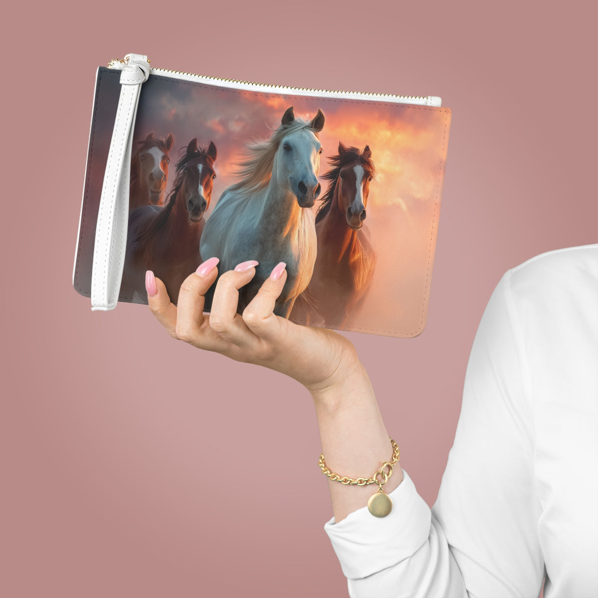 Running on Sunlight, Horse Herd Sunset Clutch Bag — Elegant Running Horses Wristlet for Equestrian Fans