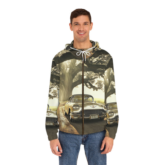 Vintage Golden Cadillac Full-Zip Hoodie — Retro Car Nostalgia Print