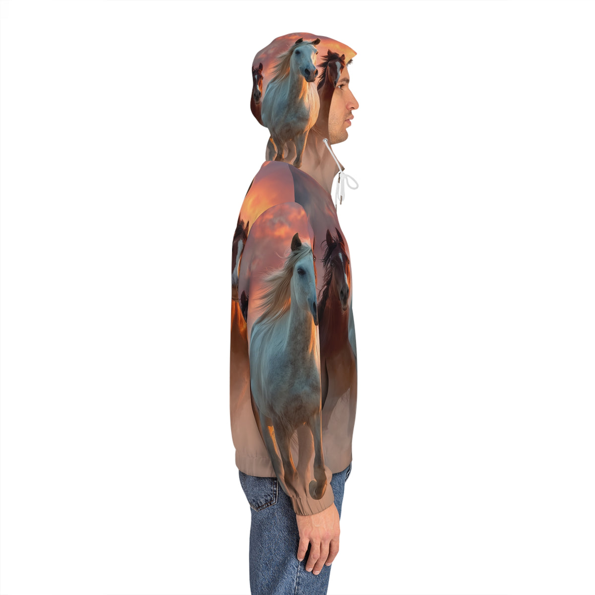 Running in Sunlight, Horse Run Full-Zip Hoodie — Majestic Wild Stallions All-Over Print