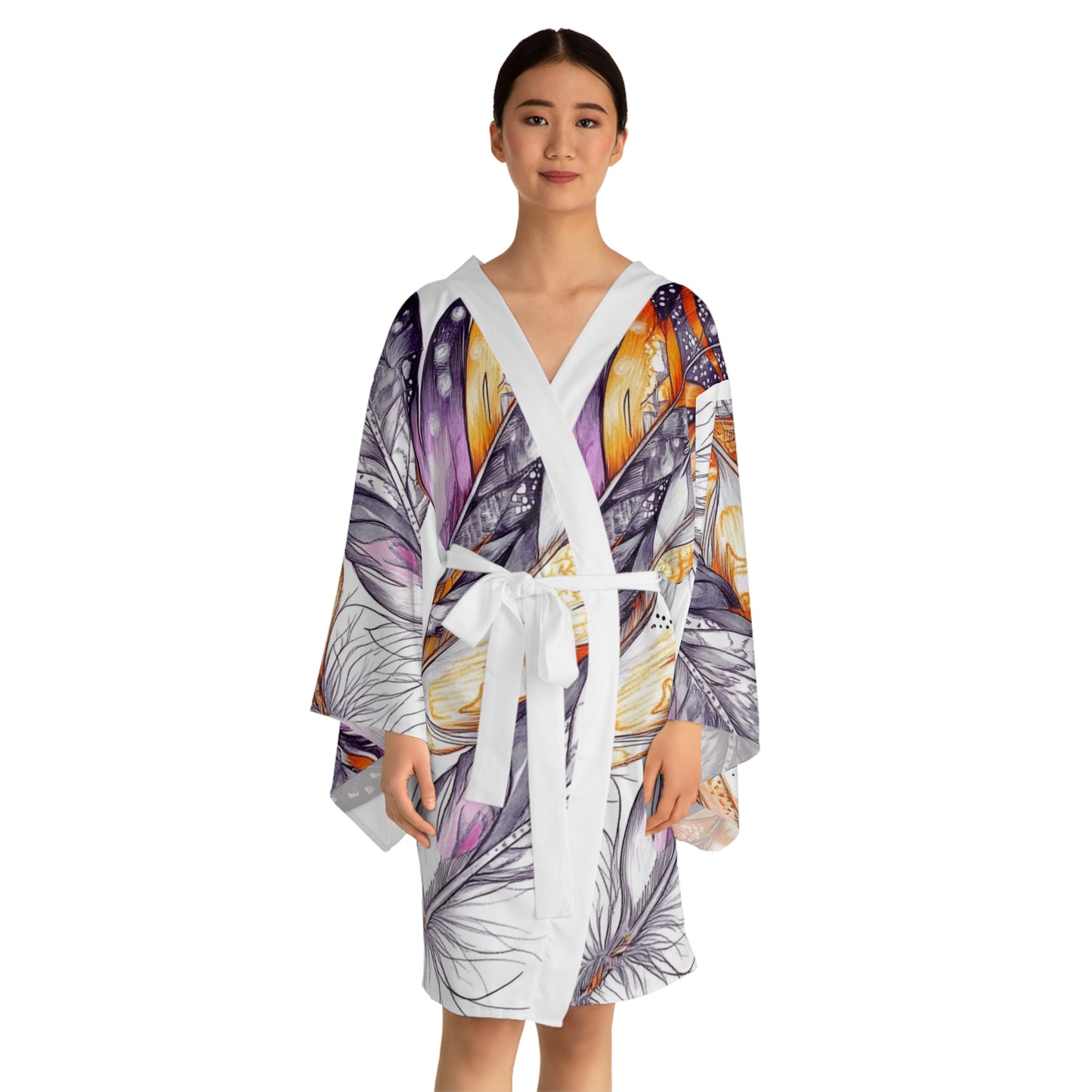 White Feathers, Long Sleeve Kimono Robe (AOP)