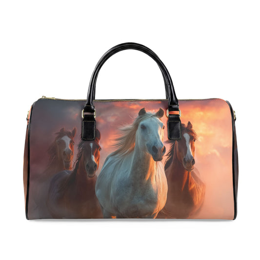 Running on Sunlight Horse Print Leather Travel Bag — Sunset Gallop Weekend Duffle