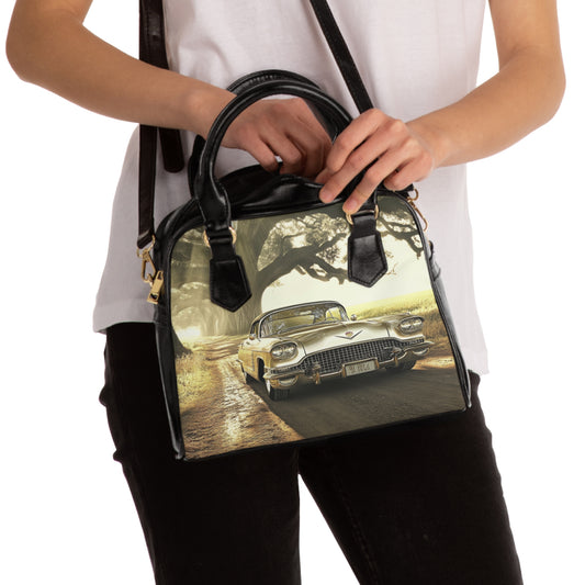 Vintage Golden Cadillac Shoulder Handbag — Retro Classic Car Print Purse