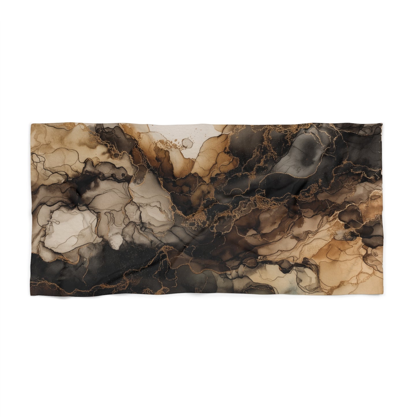 Earth Tone Watercolor, Marble Smoke Beach Towel — Brown Abstract Ink Wave Design