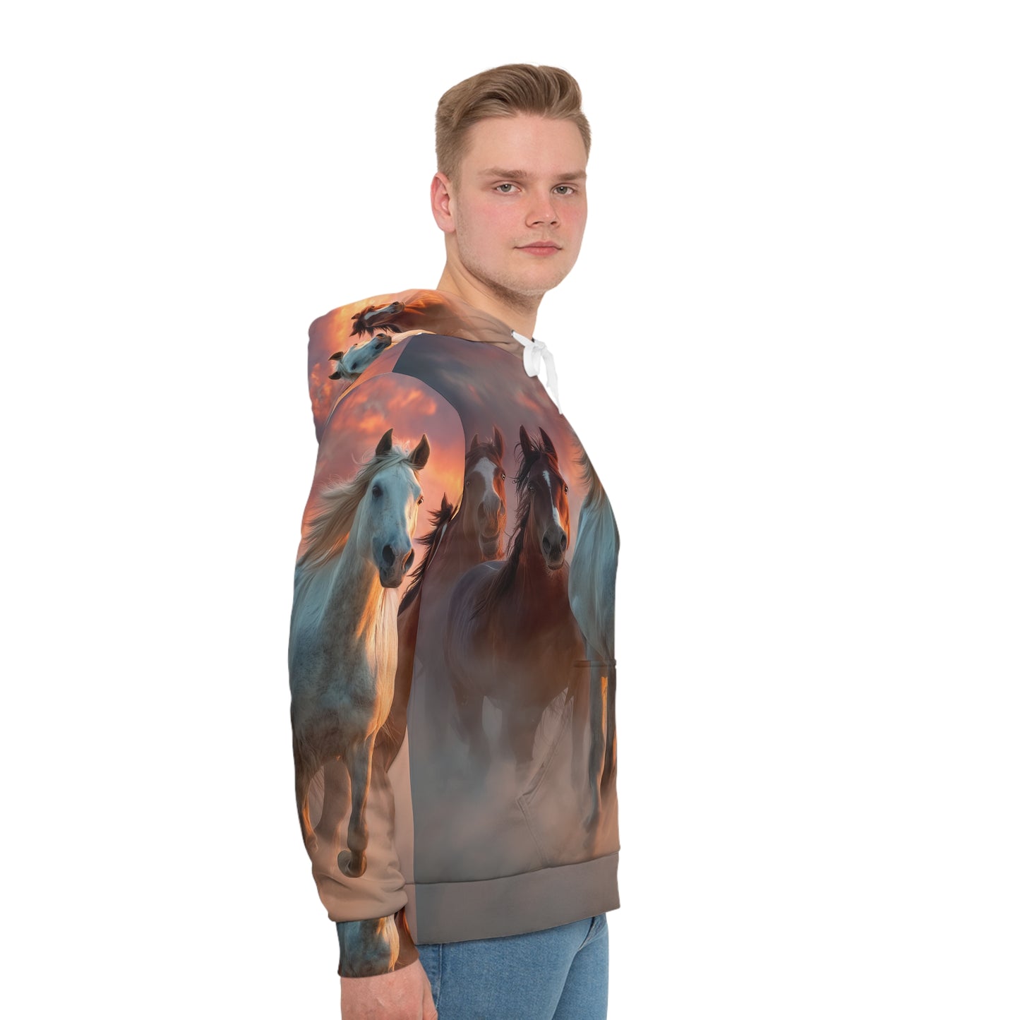 Running on Sunlight, Wild Hoodie — All-Over Print Stallion Sunset