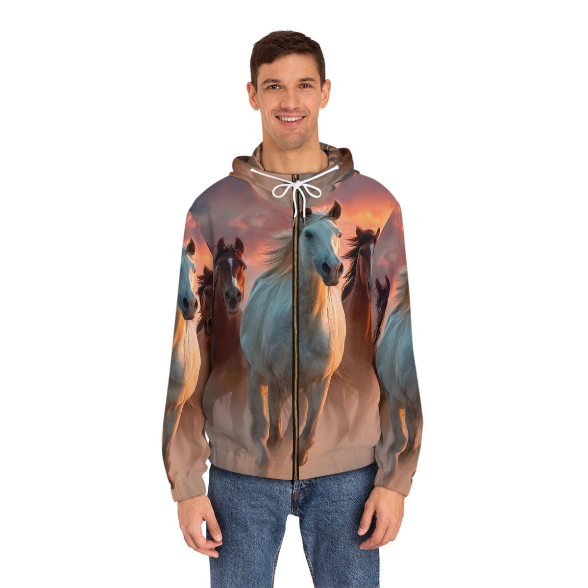 Running in Sunlight, Horse Run Full-Zip Hoodie — Majestic Wild Stallions All-Over Print
